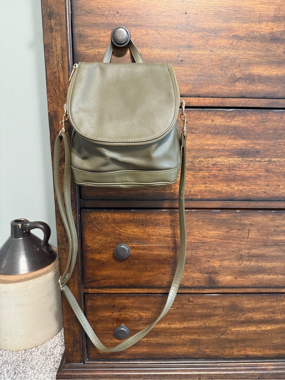 Olive Green Leather Crossbody Backpack